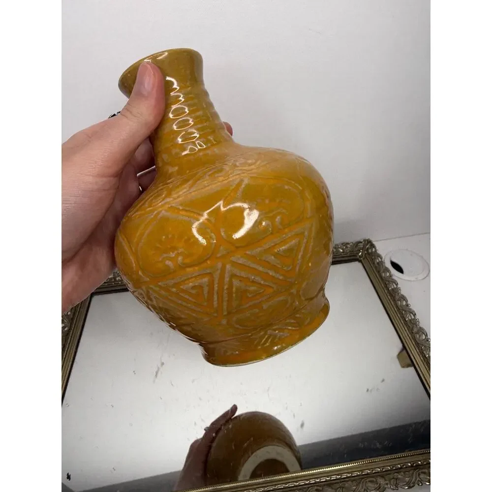 Vintage Handmade in Vietnam Mustard Yellow Vase with Incised Designs